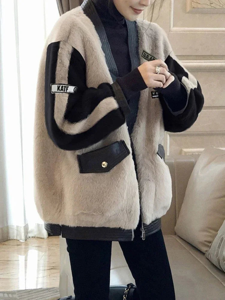 Female Clothing 2023 Autumn Winter New V Neck Plush Jacket Fashion Versatile Women's Coat Loose Casual Korean Women's Clothes